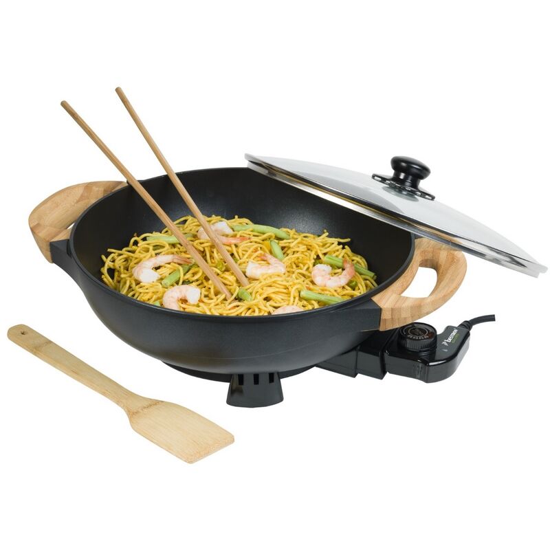 Image of Bestron - wok - coperchio in vetro - 32 cm - manico in bambù - spatola in bambù e 2 bastoncini da cucina in bambù xxl inclusi - 1500 w - in nero