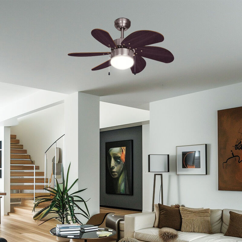 Ventilateur de plafond Interrupteur à tirette Ventilateur aller et retour Ventilateur plafonnier, bois brun foncé, titane, douille E14, DxH 75x36 cm