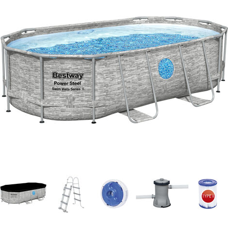 Bestway 56714 Power Steel Pool Swim Vista Oval Set, piscine en acier Power Steel Swim Vista avec effet de paroi en pierre, 427x250x100 cm