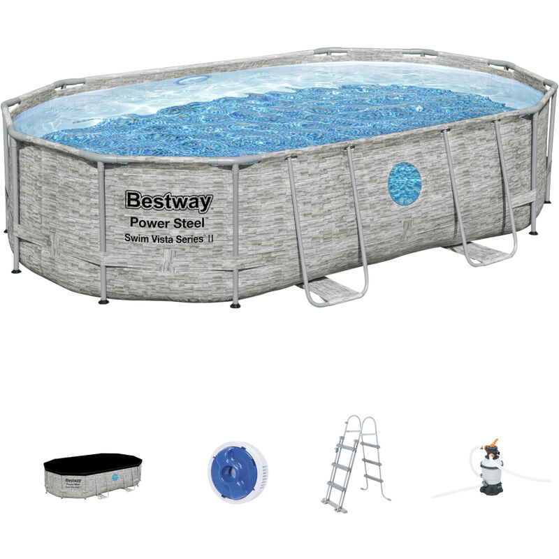 Bestway - 56946 Power Steel Frame Pool Set Swim Vista en imitation pierre, 488x305x107 cm