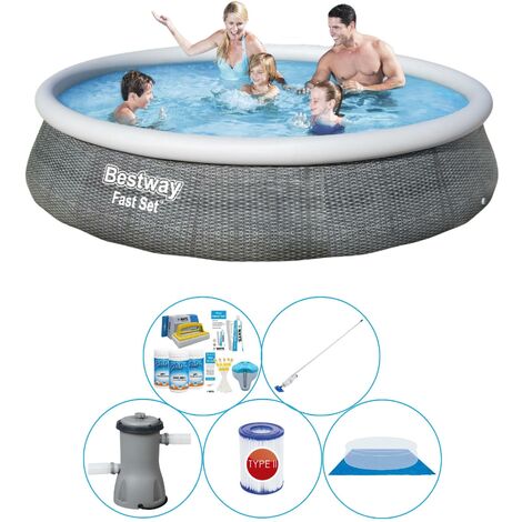 Bestway Fast Set Rattan Ronde 396x84 cm - Offre combinée de piscine - Gris