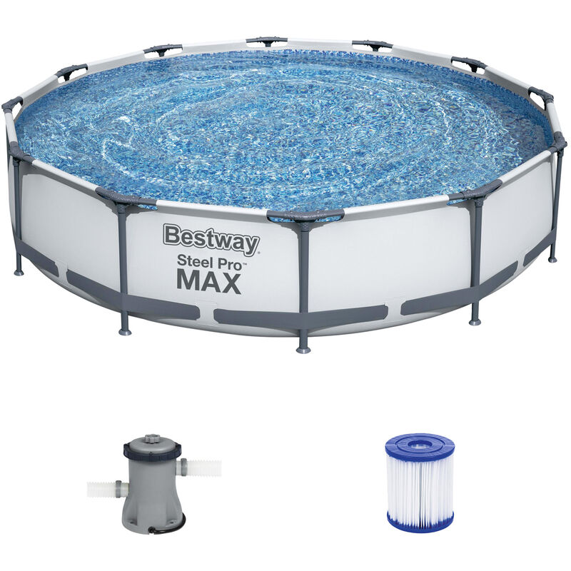 Bestway Piscina Hinchable Steel Pro Max™ Pool Ø 366X76Cm Marco Redondo Bomba Cartucho De Filtro Portavasos Montaje Sencillo