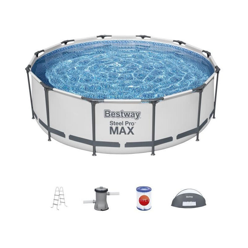 Bestway - Kit Piscine hors sol tubulaire Steel Pro Max™ - 366 cm x 100 - Ronde (Pompe de filtration, échelle, auvent)
