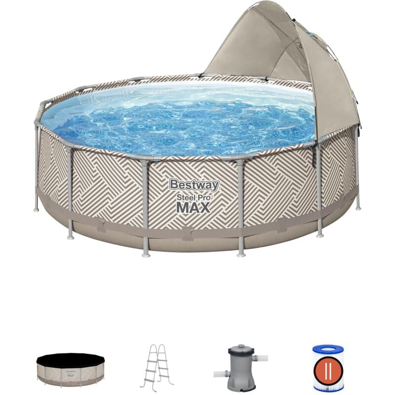 Piscine hors sol ronde Steel Pro Max™ 396 x 107 cm motif rayé avec filtre à cartouche, bâche, auvent, échelle - Bestway
