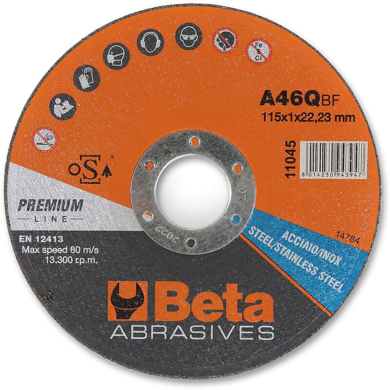 Image of Beta 11045 1.0 Mole Abrasive da Taglio per Acciaio e Inox, Mole per Smerigliatrice, Diametro 115 mm, Spessore 1.0 mm, Foro da 22.23 mm
