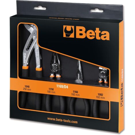 BETA 1169/D4 set di 4 utensili, 1 pinza universale, 1 pinza a becco semicircolare lungo, zibellino, 1 tagliafili e 1 paio di pinze con cerniera chiusa