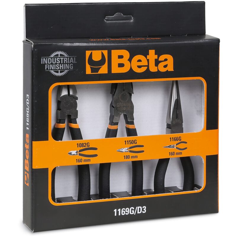 Image of Beta 1169G/D3 Assortimento di 1 Pinza Universale, 1 Pinza Becchi Mezzotondi Lunghi e 1 Tronchese, con 2 Strati di pvc Antiscivolo con Finitura