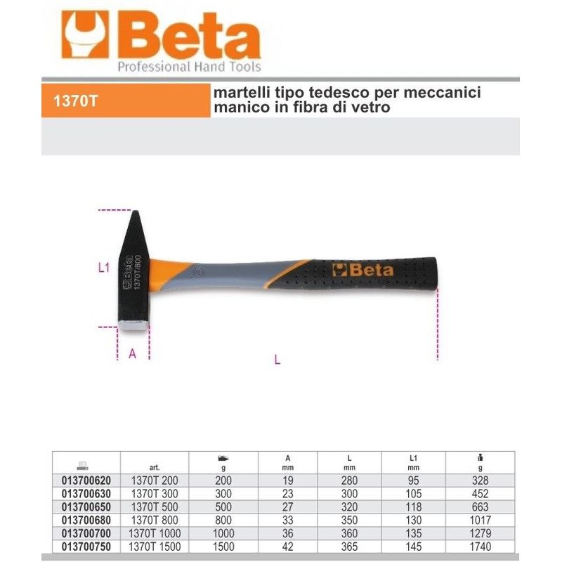 Image of Beta - 1370T -- martello 1000 gr manico in fibra -- modello tedesco