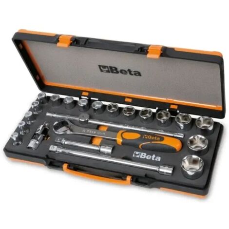 Beta – Coffret cliquet et douilles 1/2' – 22 pièces – Douilles hexagonales de 10 à 32 mm – Rallonges 125 et 255 mm – Boîtier en tôle - BETA 920 A