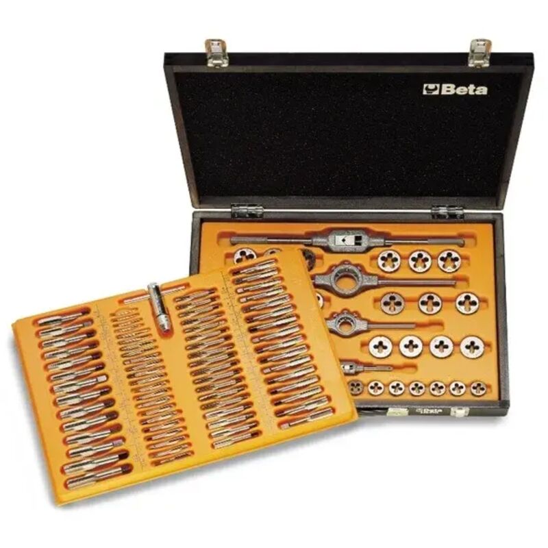 446/c110 - Assortiment de 110 tarauds et filières en acier chromé à pas grossier et fin - Beta