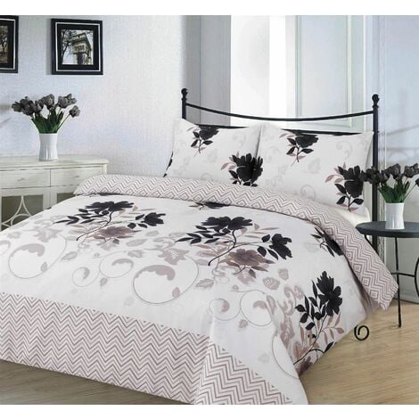 KAMPALA HILL Bethany Floral Duvet Cover Set Reversible Zig Zag Bedding - Black - Double