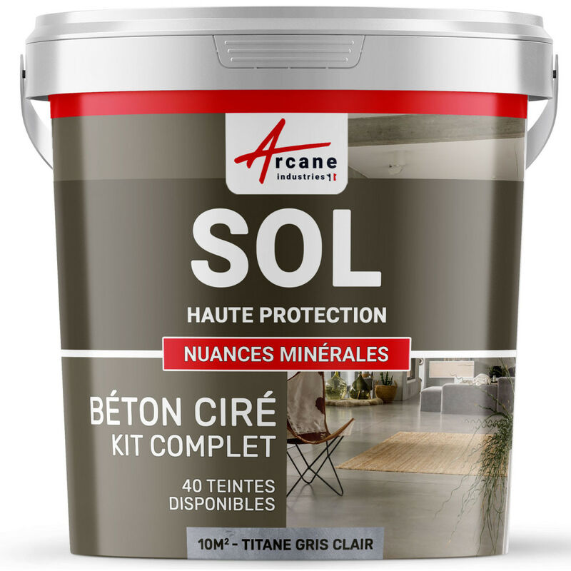Arcane Industries - Béton Ciré Sol en Kit - Primaire et vernis de finition inclus - 10 m² (en 2 couches) Titane Gris Clair