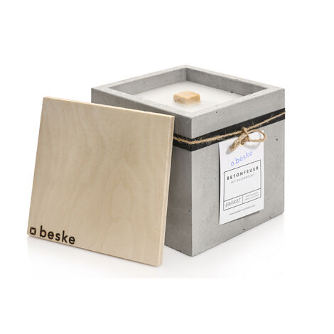 BESKE Betonfeuer® Fuego 17x17x17cm Tischfeuer Garten-Fackel Outdoor-Kerze mit Dauerdocht inkl. Löschbrett