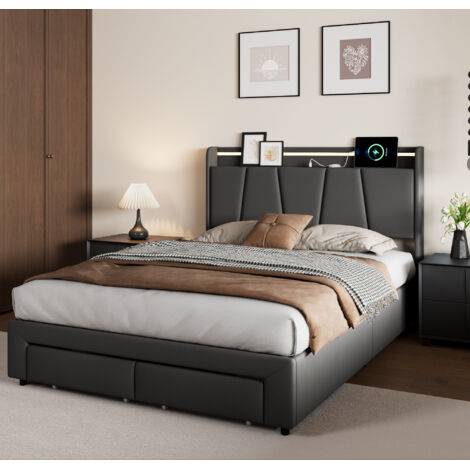 Bett 140 x 190 cm – LED – USB – Leinenstoff – Doppelbettrahmen 140 x 190 cm – anthrazitgrau