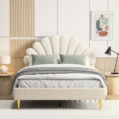 Bett 140 x 200 cm – Doppelbett 140 x 200 – Verstellbares Kopfteil und Lattenrost – Skandinavischer Stil – Beigefarbener Samt