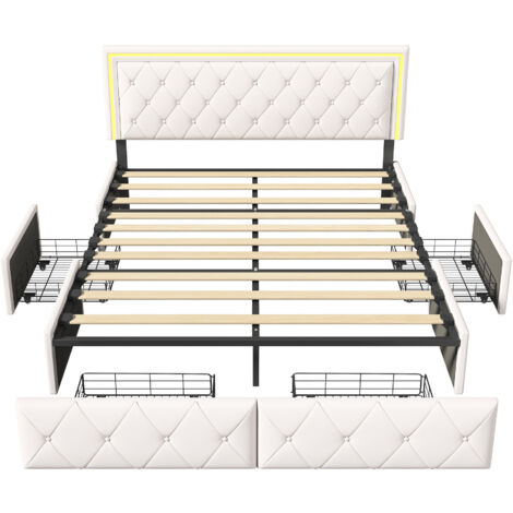 Bett 140 x 200 cm – Doppelbett – LED – Bett für Erwachsene 140 x 200 cm – Lattenrost – beige