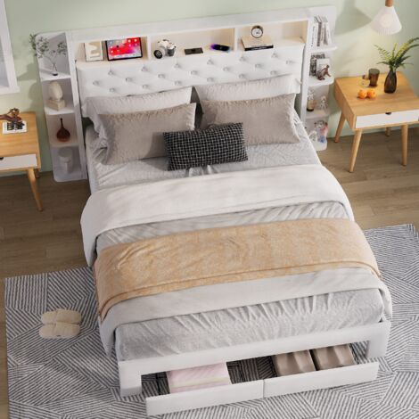 Bett 140 x 200 cm – Doppelbett mit 2 Schubladen – Kopfteil mit integriertem Stauraum, LED, USB-Anschluss – weißer Samtstoff