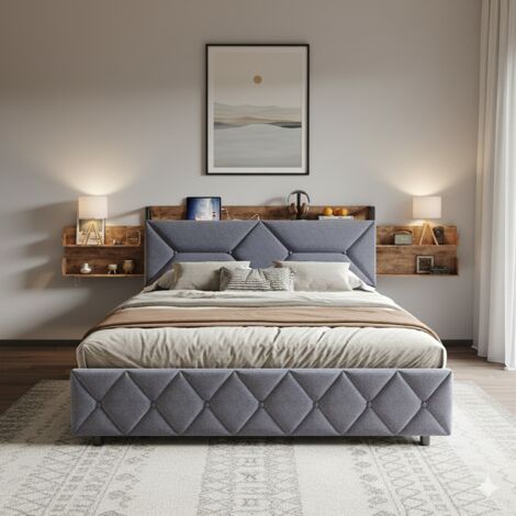 Bett 140 x 200 cm – Erwachsenenbett mit Ladeports – Doppelbett mit Schubladen und Lattenrost – 140 x 200 cm – grau