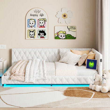 Bett 140 x 200 cm – LED – Teddy-Samtstoff – Doppelbettrahmen 140 x 200 cm – beige