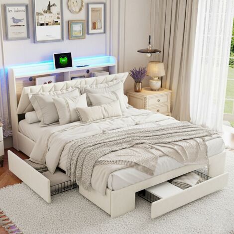 Bett 140x190 cm mit Schubladen, Doppelbett mit 4 Schubladen, integrierter LED-Lichtleiste und USB-Ladeanschluss, 2 Plätze, Design, Samt, Beige