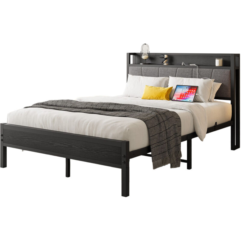 Mivray Bett 140x200 Cm Aus Eisen, Metallrahmen Schwarz Mit Kopfteil 98 Cm, Robuste Struktur 400 Lbs, Stauraum Unter Dem Bett - Einfach Zu Montieren