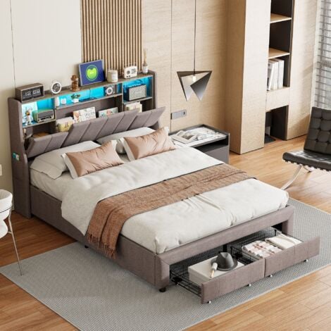 TANANT Bett 140x200 cm, Doppelbett mit 2 Schubladen, LED-Lichtleiste, USB-Ladeanschluss, klappbares Kopfteil mit Stauraum, Lattenrost aus Holz, Leinen, Grau