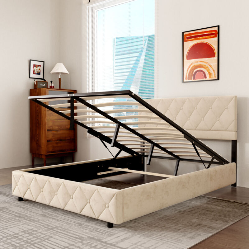 Mivray Bett 140x200 Cm Gepolstert Samt Beige, Zeitloses Modernes Design, Stabile Struktur Mit Holzlatten, Kapazität 250 Kg - Optimaler Komfort