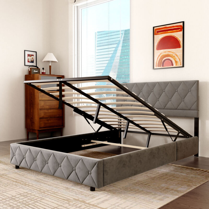 Mivray Bett 140x200 Cm Gepolstert Samt Grau, Zeitloses Modernes Design, Stabile Struktur Mit Holzlatten, Kapazität 250 Kg - Optimaler Komfort