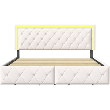 Bett 160 x 200 cm – COZY – Doppelbett 160 x 200 – LED – Lattenrost – Bett für Erwachsene 160 – beige