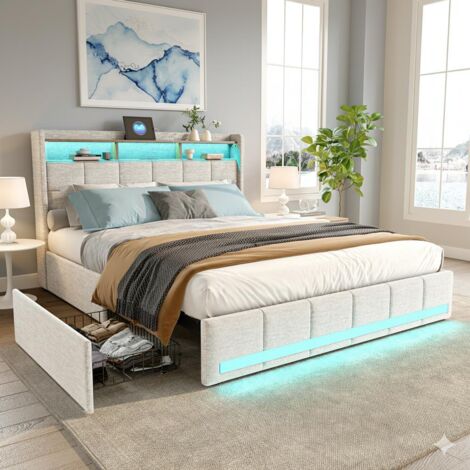 Bett 160 x 200 cm – Doppelbett und Lattenrost – Kopfteil mit 4 Metallschubladen, Ladestation (2 USB + 1 Typ C) – Stoff: Beigefarbenes Leinen