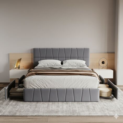 Bett 160 x 200 cm – gepolstertes Doppelbett – mit 4 Schubladen – modernes Design und optimaler Komfort – aus grauem Samt
