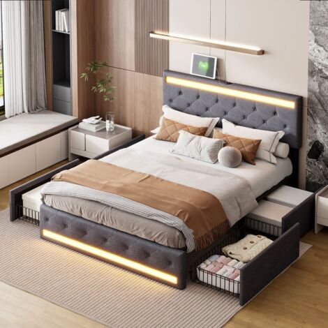 Bett 160 x 200 cm, Kopfteil mit LED und USB, 4 Metallschubladen mit Rollen, dunkelgraues Leinen
