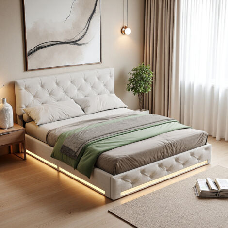 Bett 160 x 200 cm – LED – Leinenstoff – Lattenrost – Doppelbett 160 x 200 cm – Beige