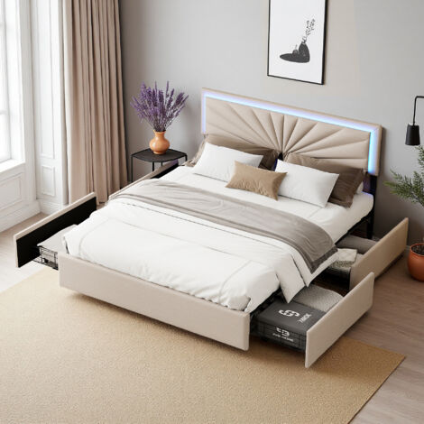 Bett 160 x 200 cm – Leinenstoff – 4 Schubladen – LED – Doppelbettrahmen 160 x 200 cm – Beige