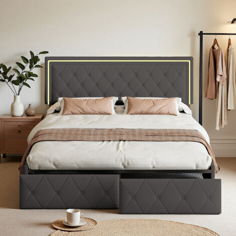 Bett 160 x 200 cm – PU-Stoff – 4 Schubladen – LED – Lattenrost – Doppelbett 160 x 200 cm – Grau
