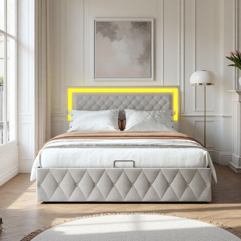 Bett 160 x 200 cm – Samtstoff – LED – Bettrahmen im skandinavischen Stil 160 x 200 cm – beige