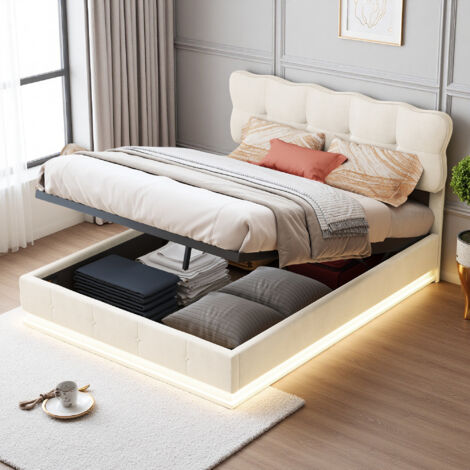 Bett 160 x 200 cm – Samtstoff – LED – hydraulisch – Lattenrost – Doppelbett 160 x 200 cm – Beige