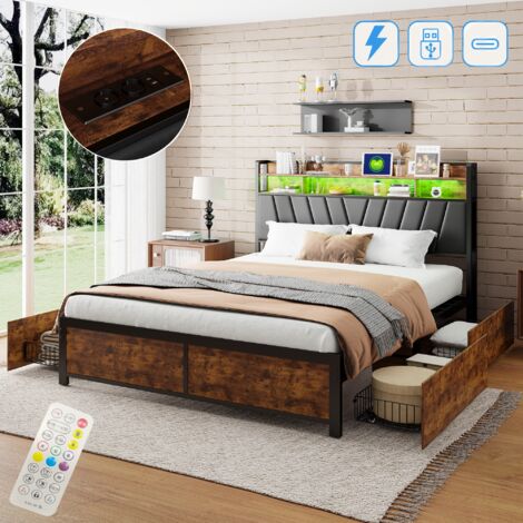 DANS LES NUAGES Bett 160x200 cm, mit 4 Schubladen, LED, USB-A/C-Ladung, Vintage, Lattenrost aus Holz und Metall, gepolsterte Kopfstütze - Braun