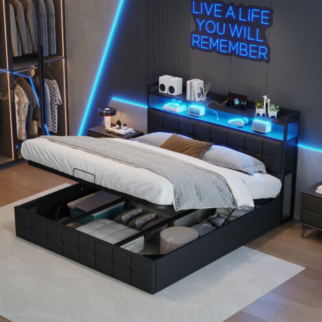 Bett 160x200 mit Lattenrost, Bett 160x200, LED-Bett 160 x 200, Doppelbett, Doppelbett, Doppelbett mit Stauraum und LED-Beleuchtung, Elegant und Funktional
