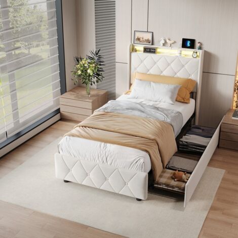 Bett 90 x 200 cm – Einzelbett 90 x 200 – RGB-LED und USB-Anschluss Typ C – Bettrahmen 90 x 200 mit 2 Schubladen – Beiger Flanell