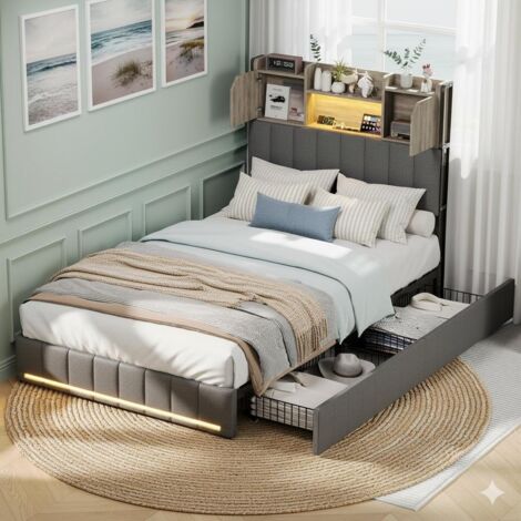 Bett 90 x 200 cm – Einzelbett – mit Kopfteil mit Stauraum, Ladestation, 2 Schubladen und LED-Beleuchtung – grauer Leinenstoff