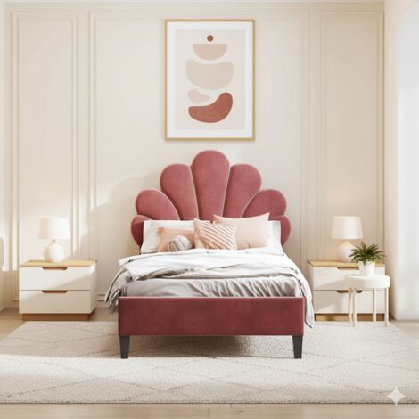 Bett 90 x 200 cm – Kinderbett mit Lattenrost – gepolstertes Bett aus Samt – Einzelbett 90 x 200 cm – dunkelrosa