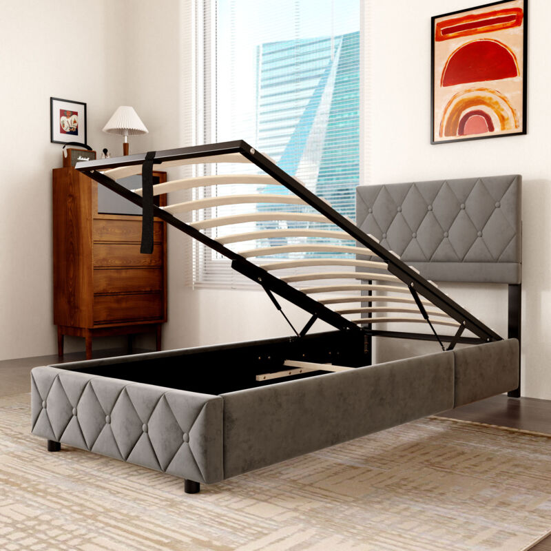 Mivray Bett 90x200 Cm Gepolstert Samt Grau, Zeitloses Modernes Design, Stabile Struktur Mit Holzlatten, Kapazität 250 Kg - Optimaler Komfort