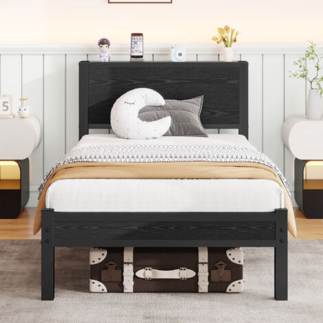 Bett 90x200cm – Metallbettrahmen mit Stauraum-Kopfteil, Metall-Lattenrost – schwarz