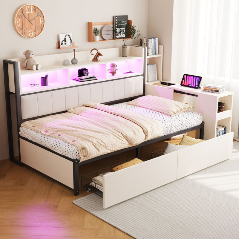 Mivray Bett Aus Metall Und Holz In Weiß/holzfarbe 90x200 Cm, Mit Stauraum, Schreibtisch, Schubladen Und Steckdosen