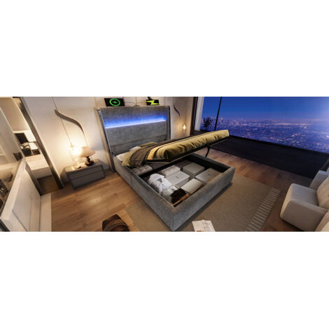 Bett Bettgestell Stauraum 90x200 LED USB Leinen OKMYHOME