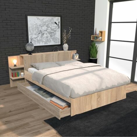 LE QUAI DES AFFAIRES Bett CITY 140x190 + Kopfteil Nachttisch + 1 Schublade / Eiche gebleicht/ 216x216x80cm