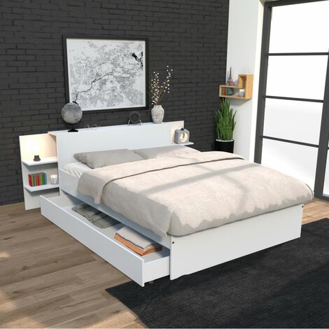 Bett CITY 140x190 + Kopfteil Nachttisch + 1 Schublade / Weiß/ 216x216x80 cm