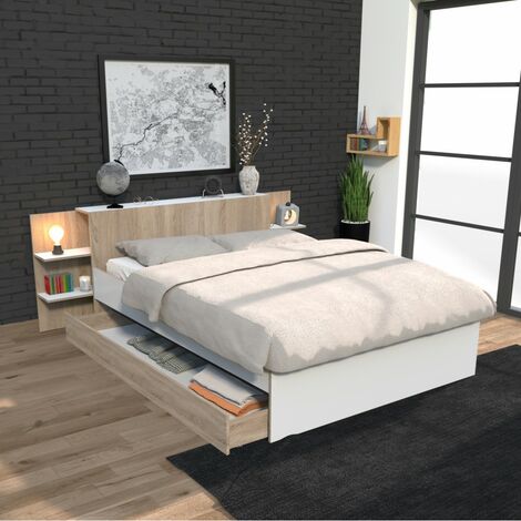 Bett CITY 140x190 + Kopfteil Nachttisch + 1 Schublade / Weiß & gebleichte Eiche/ 216x216x80