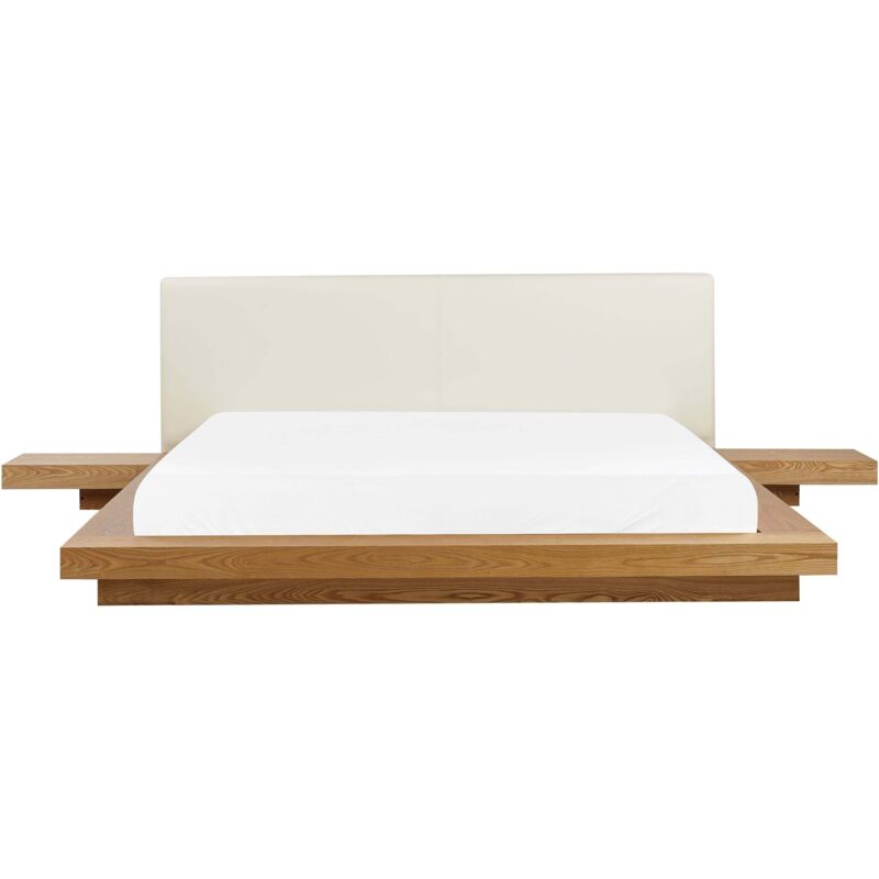 Beliani Bett Weiß / Naturfarbene Esche Kunstleder Mdf-platten Holzfurnier Lattenrost 180x200 Cm Nachttische Japanischer Stil Schlafzimmer Doppelbett